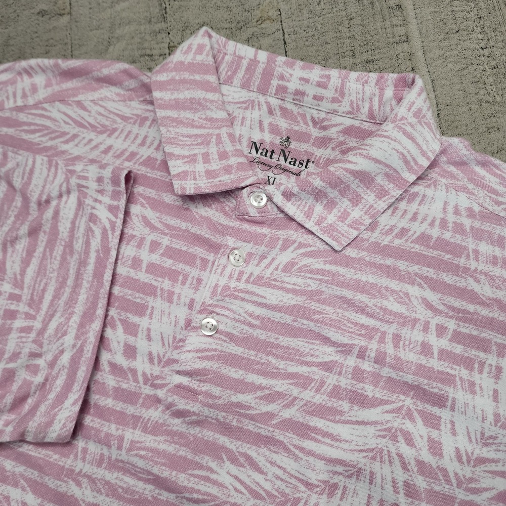 Nat Nast Polo Shirt Mens XL Pink White Tropical Hawaiian Leaf Aloha Golf